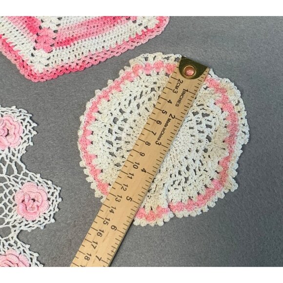 Handmade Crochet Doilies Set Of 4 Pink & White Vintage Style Decorative - Picture 3 of 7